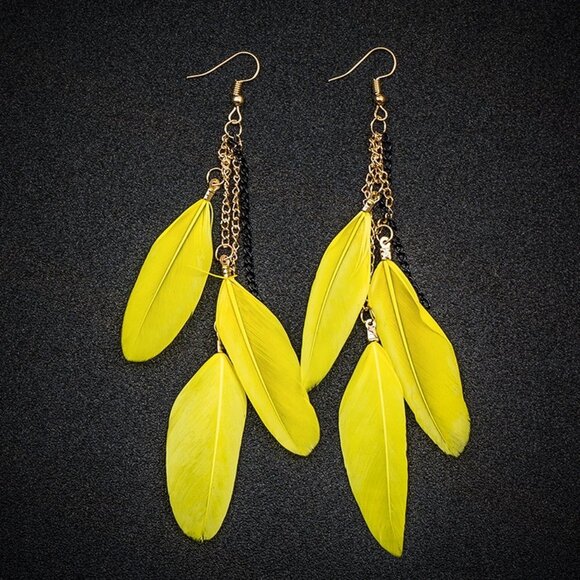 Jewelry earrings feather yellow statement long dangle drop gold tone fashion new - Picture 3 of 5